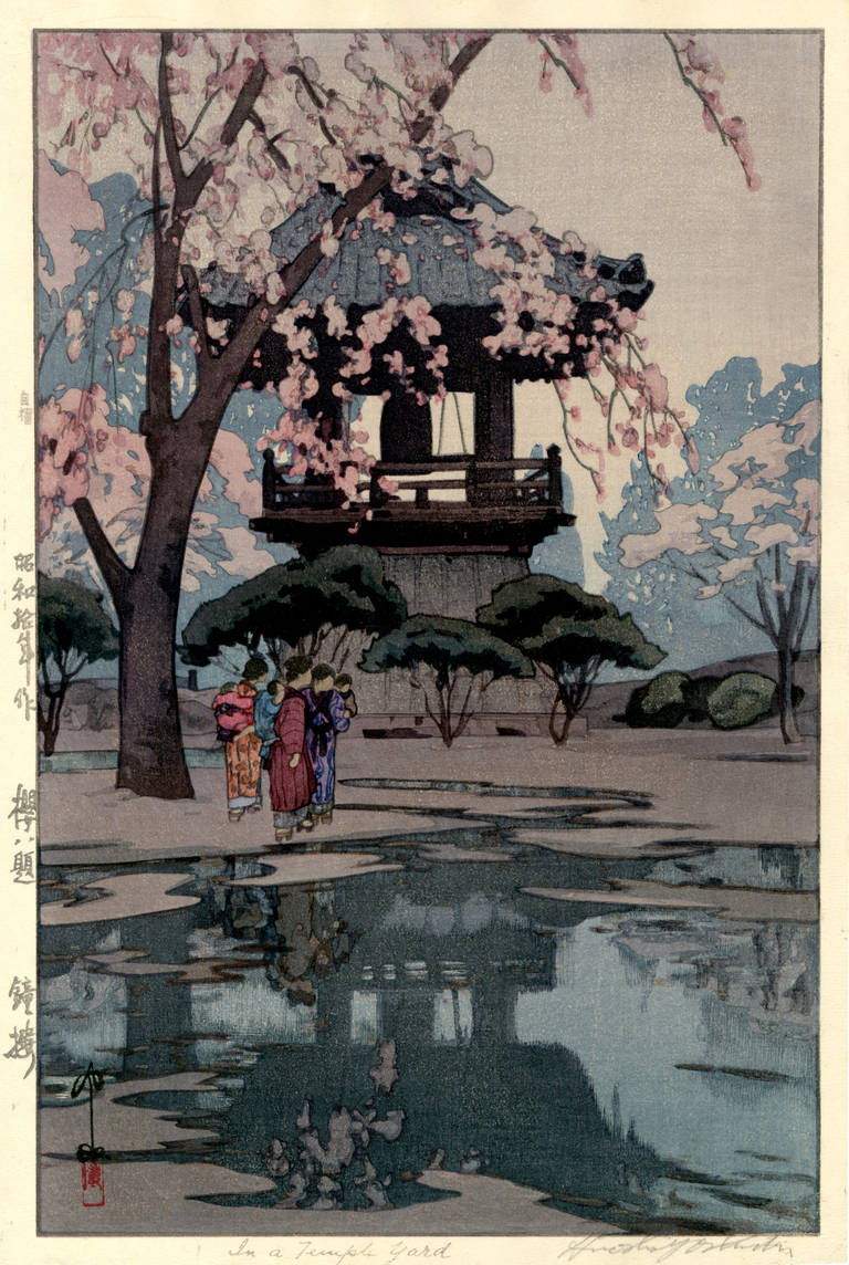 In a Temple Yard woodblock print