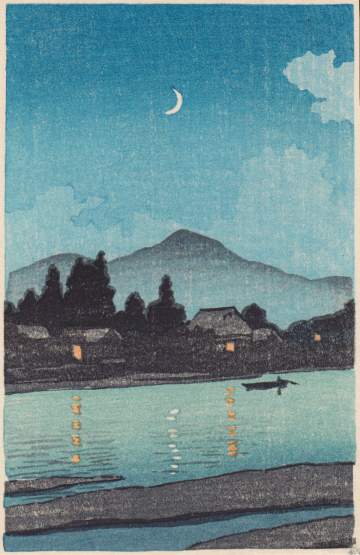 Kawase Hasui - Crescent Moon on River Tama thumbnail