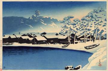 Kawase Hasui - Dawn Snow: The Port of Ogi, Sado thumbnail