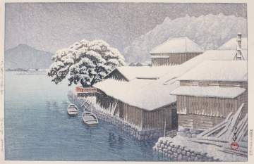 Kawase Hasui - Evening Snow at Ishinomaki thumbnail
