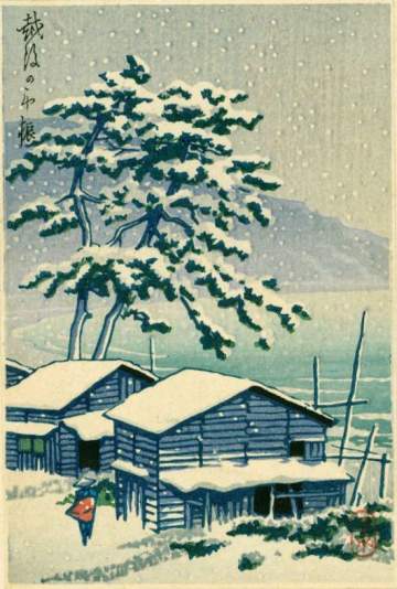 Kawase Hasui - Farmhouse in Snow thumbnail