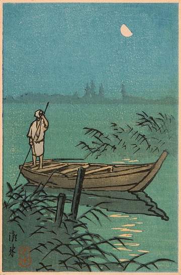 Kawase Hasui - Moonlit Boat in Reeds thumbnail