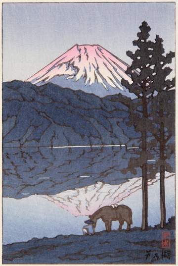Kawase Hasui - Mount Fuji, Lake Ashi and a Horse thumbnail