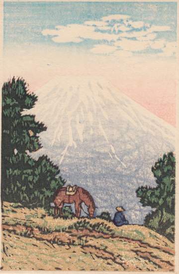 Kawase Hasui - Mount Fuji with man and horse thumbnail