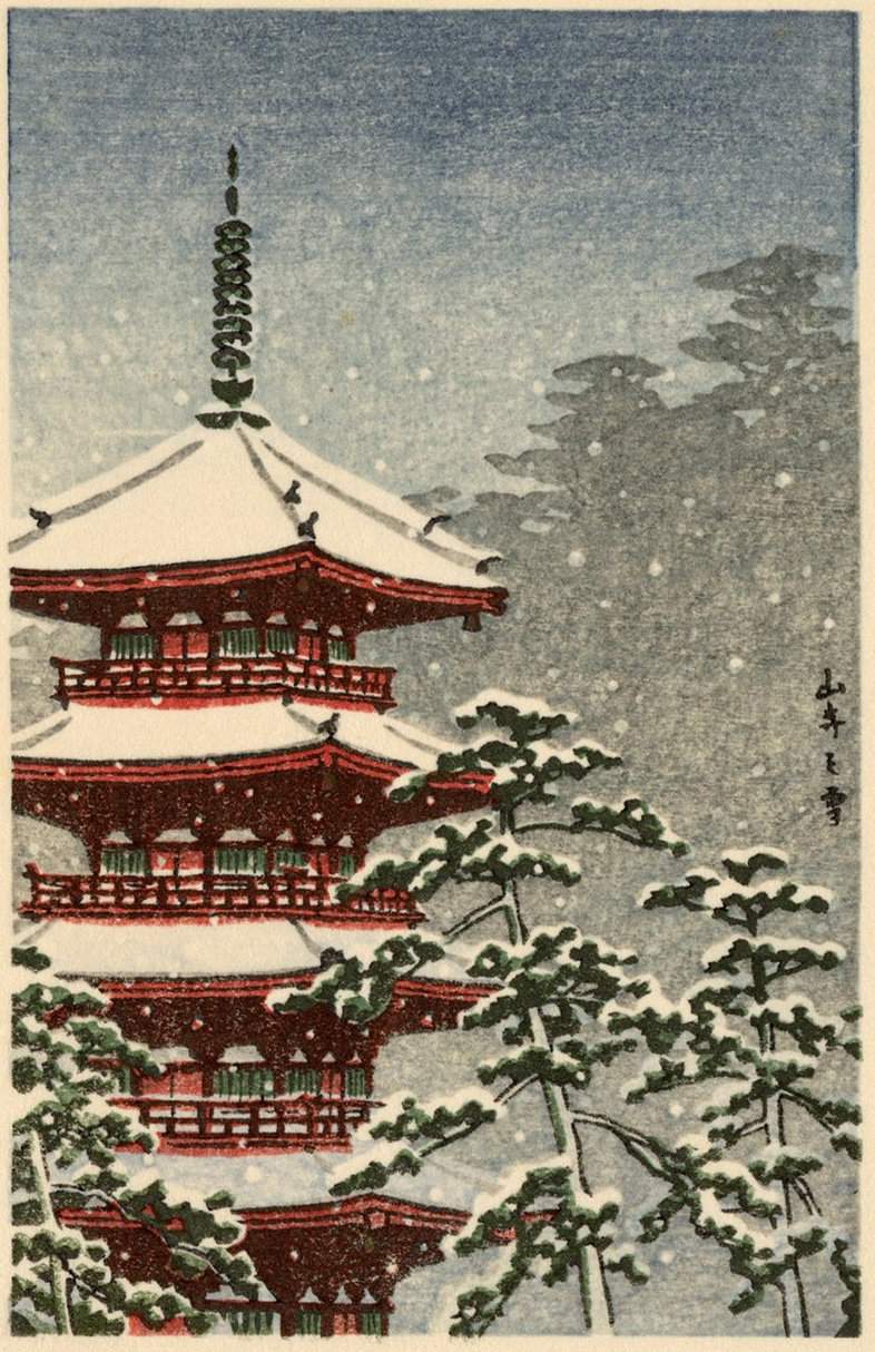 Mountain Temple in Snow - Kawase Hasui Catalogue woodblock print