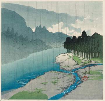Kawase Hasui - Okutama River in Rain thumbnail