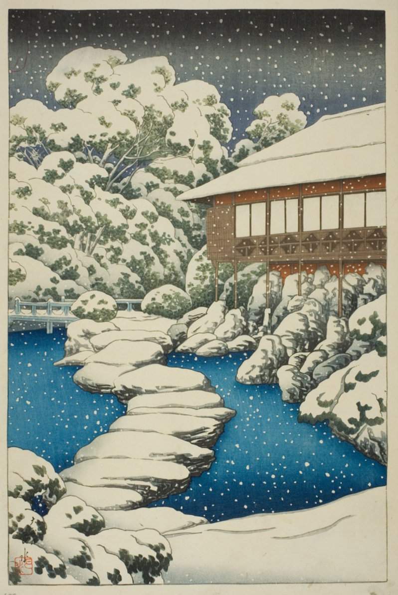Snow at a Guest House by the Pond - Kawase Hasui Catalogue woodblock print