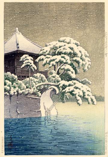 Kawase Hasui - Snow at Godaido Temple, Matsushima thumbnail