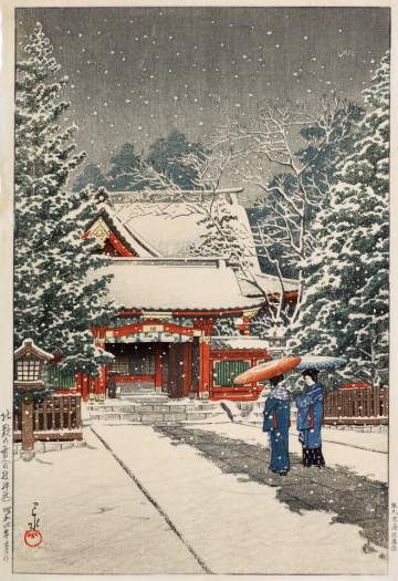 Kawase Hasui - Snow at Hiei Shrine thumbnail