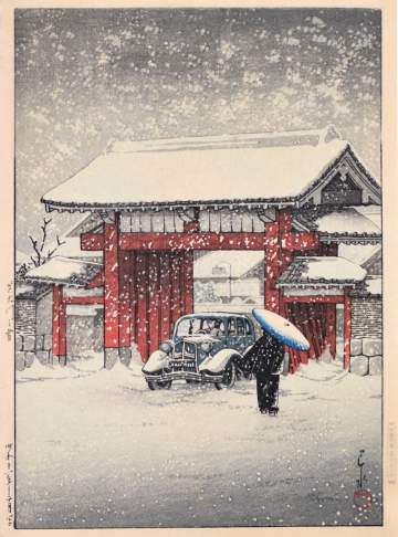 Kawase Hasui - Snow at the Daimon Gate, Shiba thumbnail