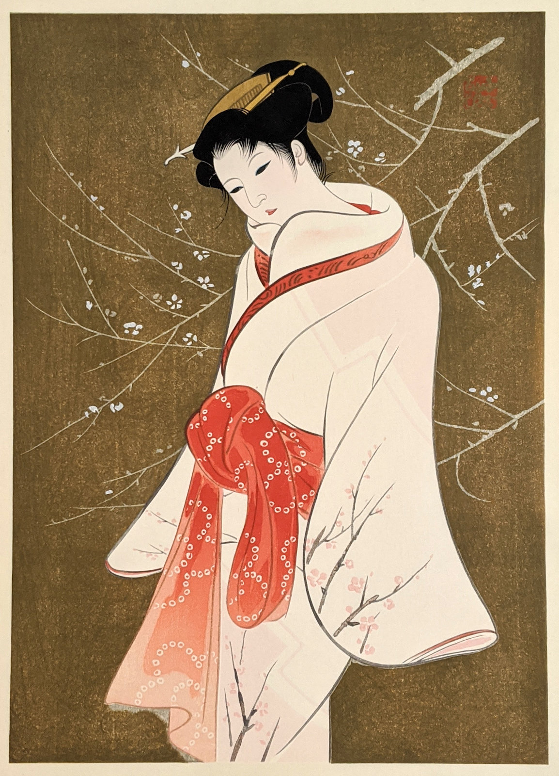 Beauty And Plum Blossoms - Iwata Sentaro woodblock print