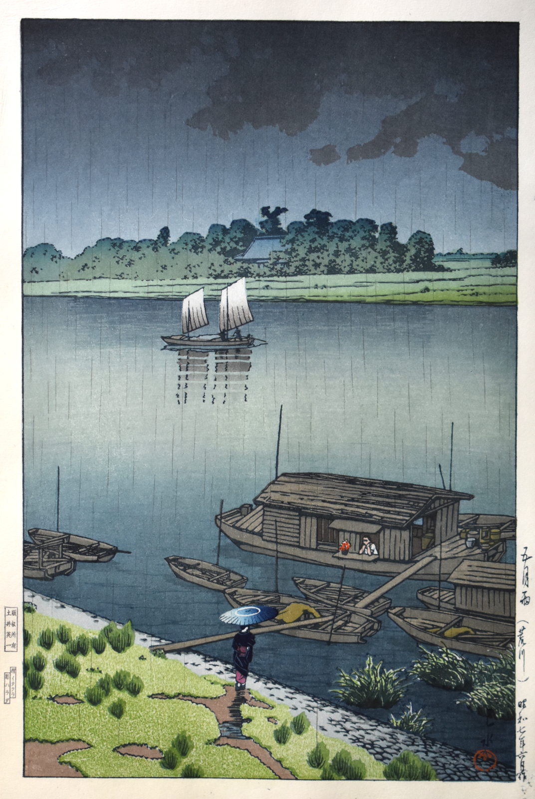 Early Summer Rain, Arakawa - Kawase Hasui woodblock print