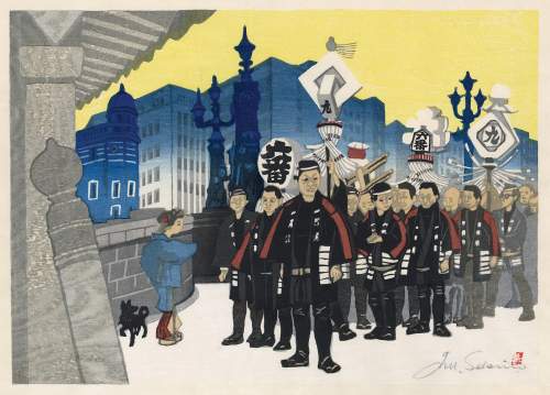Sekino Jun'ichiro - Firemen on Procession on Nihonbashi Bridge thumbnail