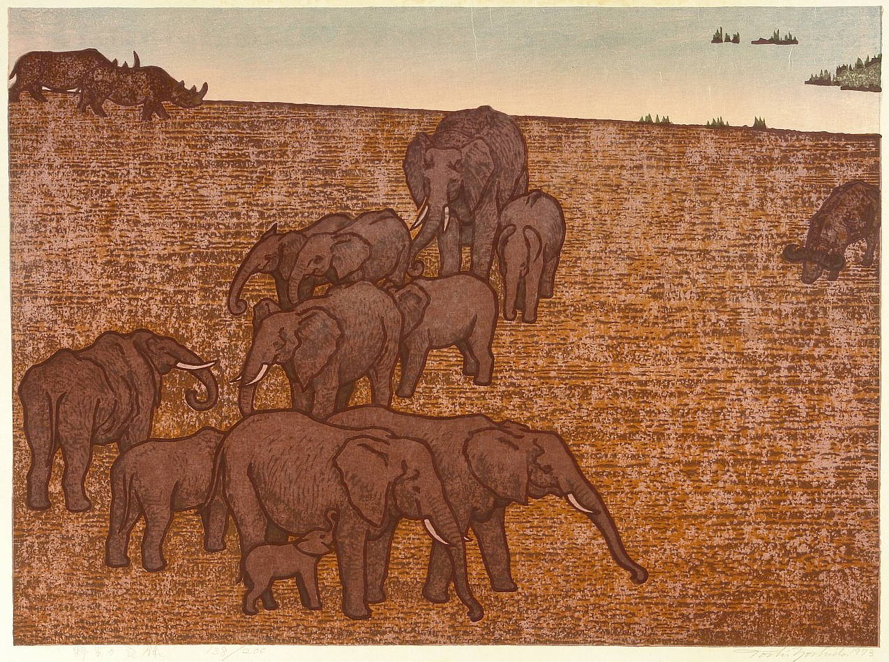 Elephants in the Wild woodblock print