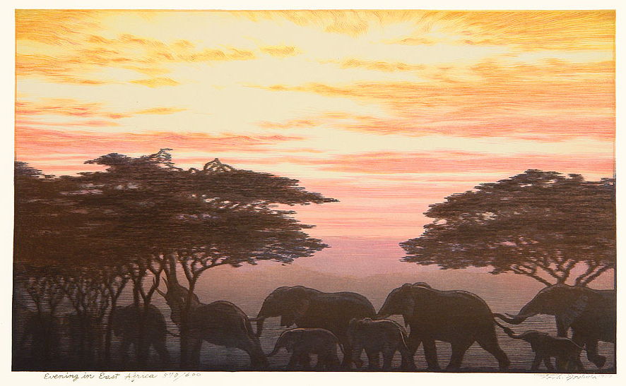 Evening in East Africa woodblock print