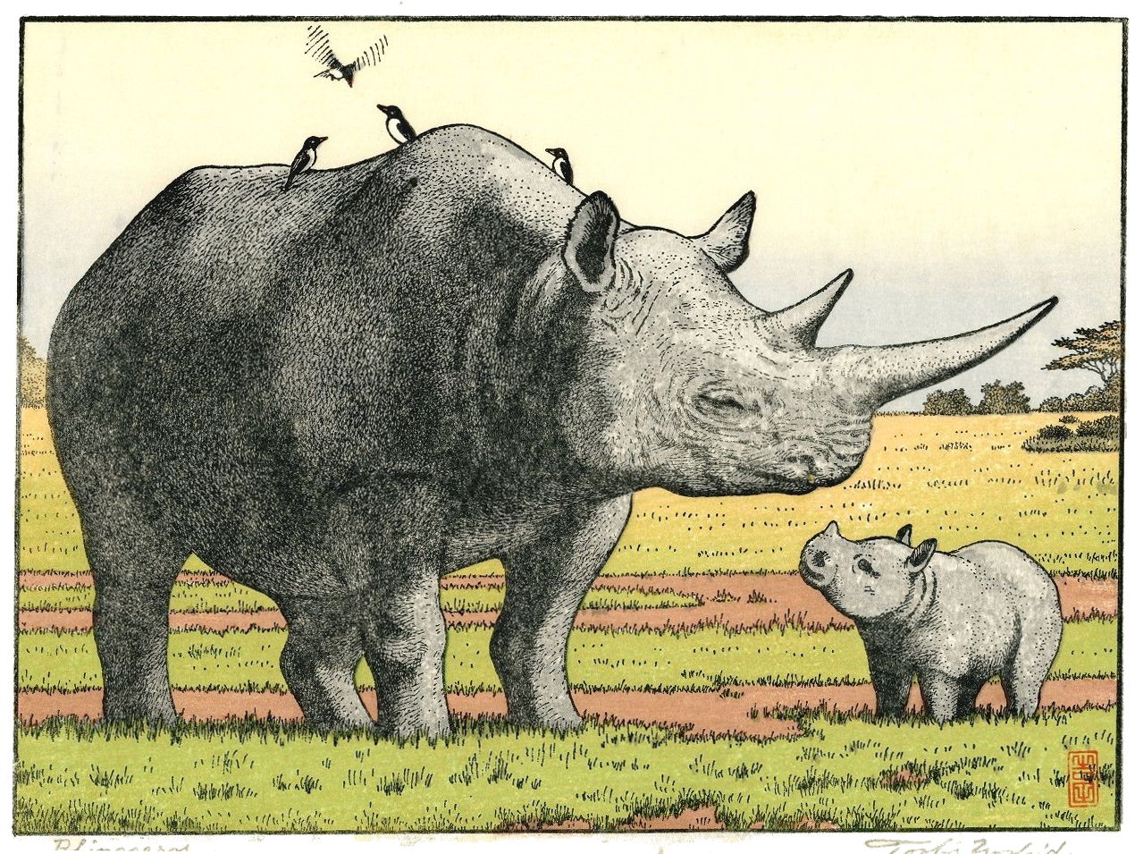 Rhinoceros woodblock print