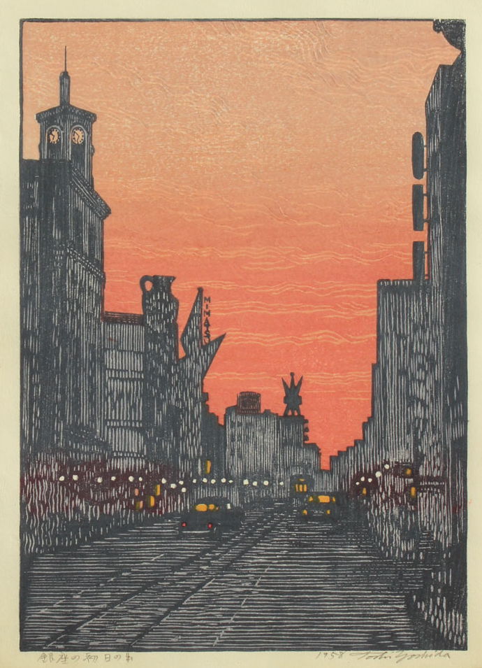 Sunrise of New Year's Day in Ginza woodblock print